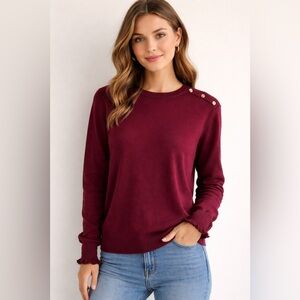 NWT J. Crew 100% Cotton Round Neck Sweater Maroon Button Shoulder Ruffled Preppy